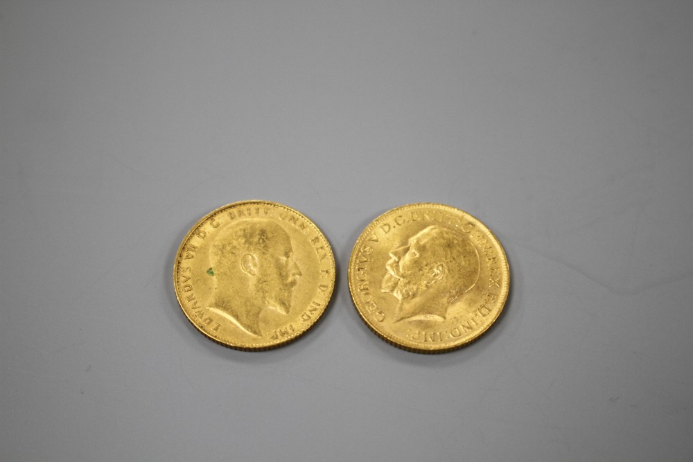 Two early 20th century gold full sovereigns, 1910 & 1913.